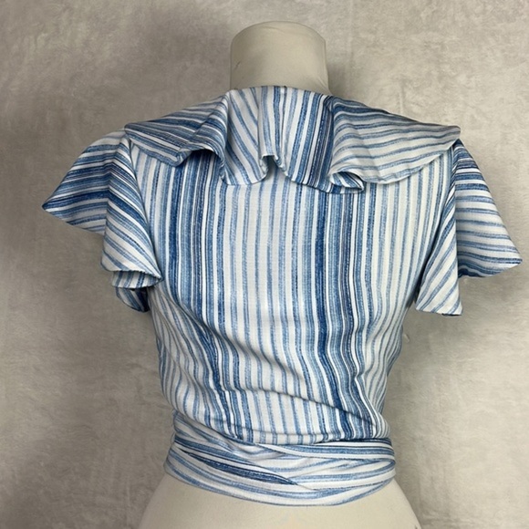 Misa Los Angeles Marah Blue White Stripe Ruffle Wrap Crop Linen Modal Top Blouse - Picture 6 of 16